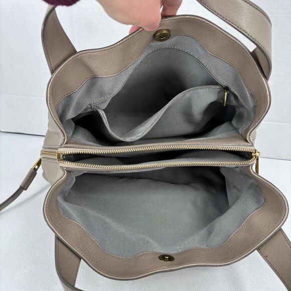 Fossil Maya Satchel Handbag Beige Leather Multi Compartment Zip Magnetic Snap - Picture 2 of 12
